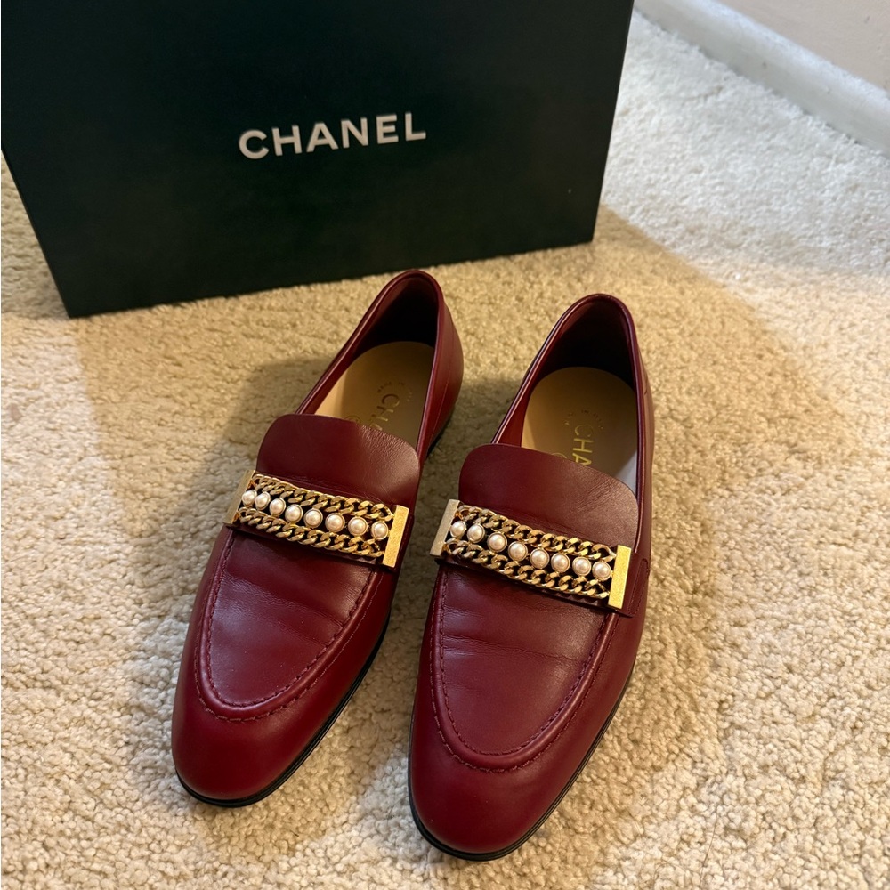 Chanel Burgundy Loafers with pearl